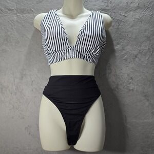 Yonique Swimsuit Bikini Set Size XL White Black‎ Striped Triangle Cheeky